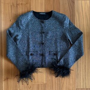 Elegant Black Tweed Blazer with Feather Accents
